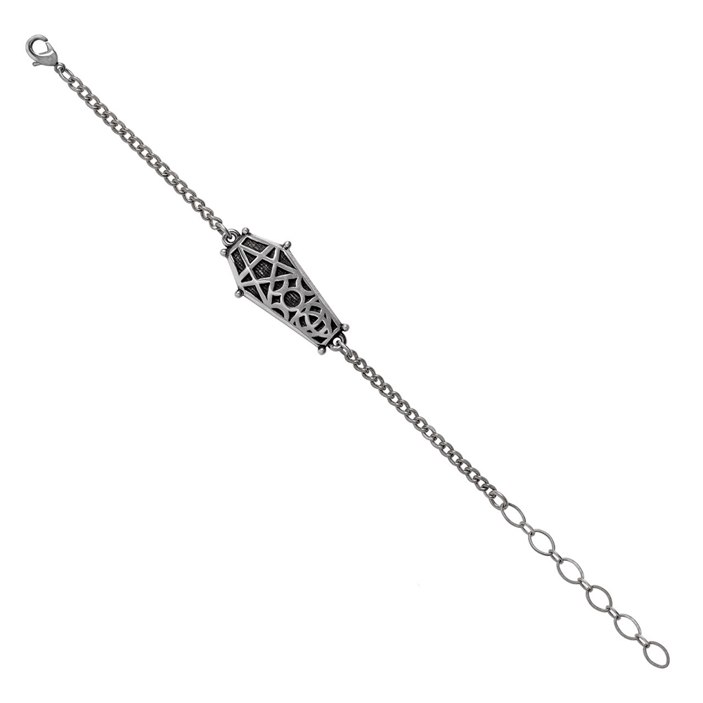 Gothic pewter coffin bracelet featuring pentagram and moon designs, perfect for alternative fashion lovers.