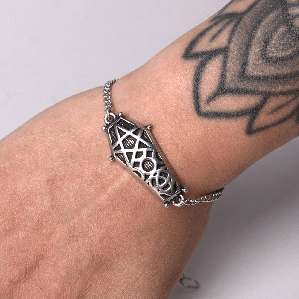 Hex Coffin Wrist Chain featuring intricate pentagram and moon design on a gothic pewter bracelet.