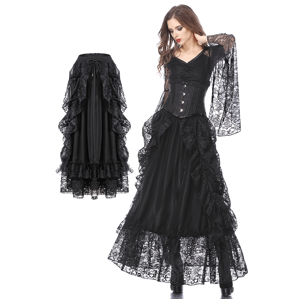 High front low back black lace maxi skirt exuding Victorian elegance, perfect for transforming your evening look.