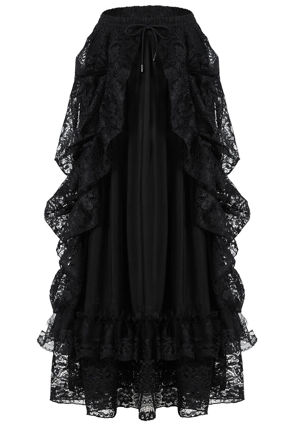 High front low back black lace maxi skirt with intricate floral overlay and ruffled design for dramatic elegance.