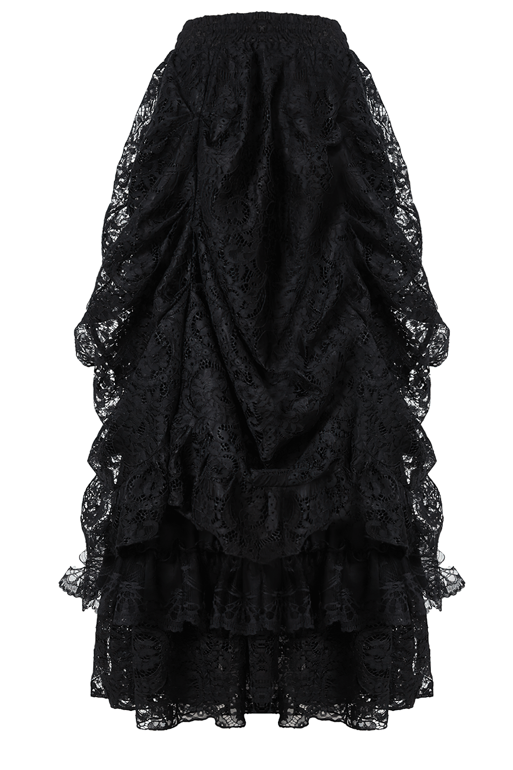 High front low back black lace maxi skirt with intricate floral details and ruffled layers, perfect for evening elegance.