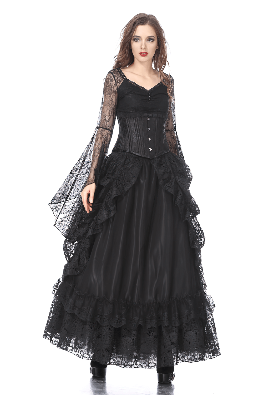 High front low back black lace maxi skirt with flowing sleeves and ruffled hem, perfect for gothic elegance.