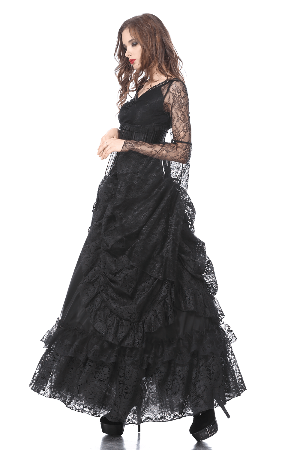 High front low back black lace maxi skirt with ruffled layers, perfect for a dramatic evening look.