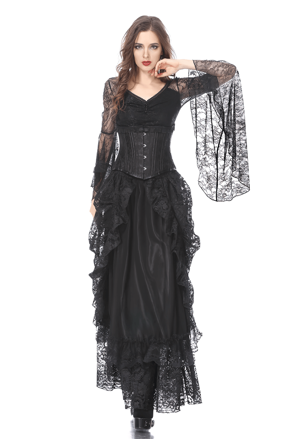 Model showcasing a dramatic black lace maxi skirt with high-low silhouette and intricate floral details.