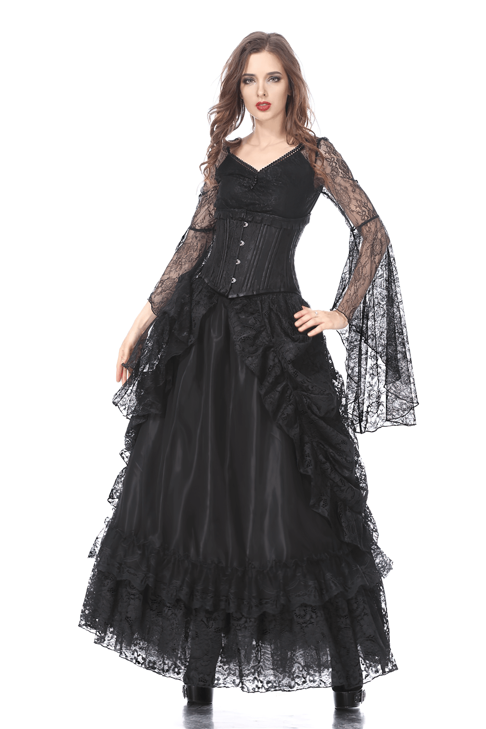 Model showcases a stunning high-low black lace maxi skirt, styled with a gothic corset top and dramatic sleeves.