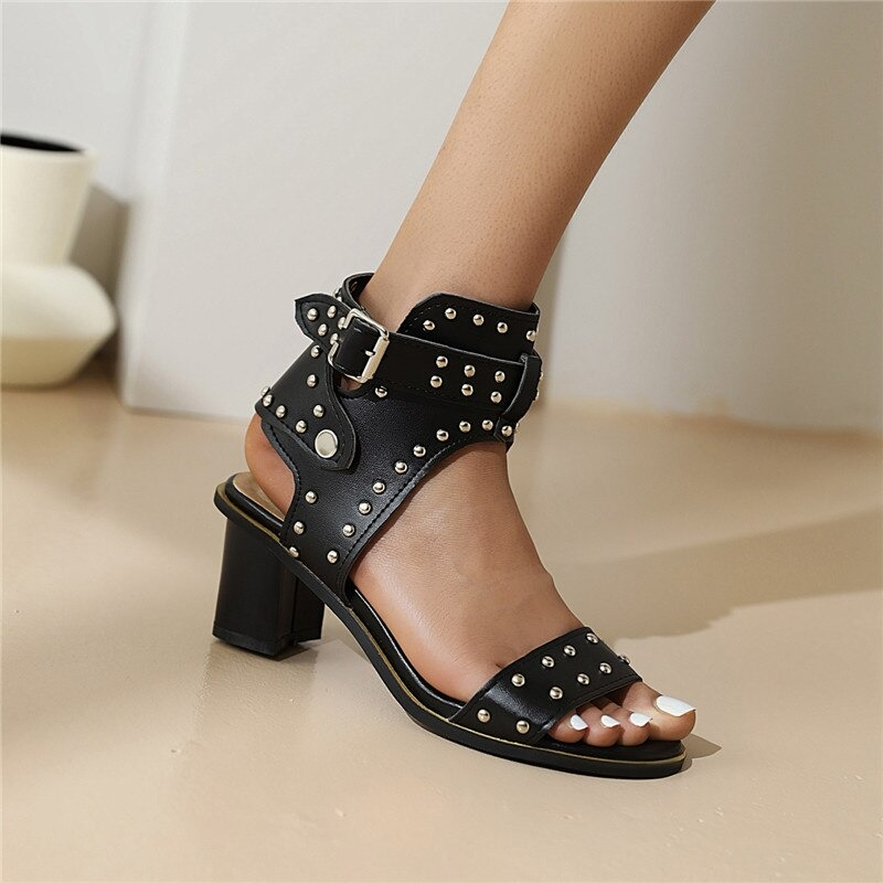 High Heels Sandals for Women / Vintage Shoes with Rivet Buckle / Ladies Summer Sandals - HARD'N'HEAVY