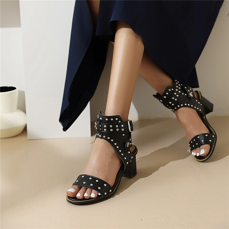 High Heels Sandals for Women / Vintage Shoes with Rivet Buckle / Ladies Summer Sandals - HARD'N'HEAVY