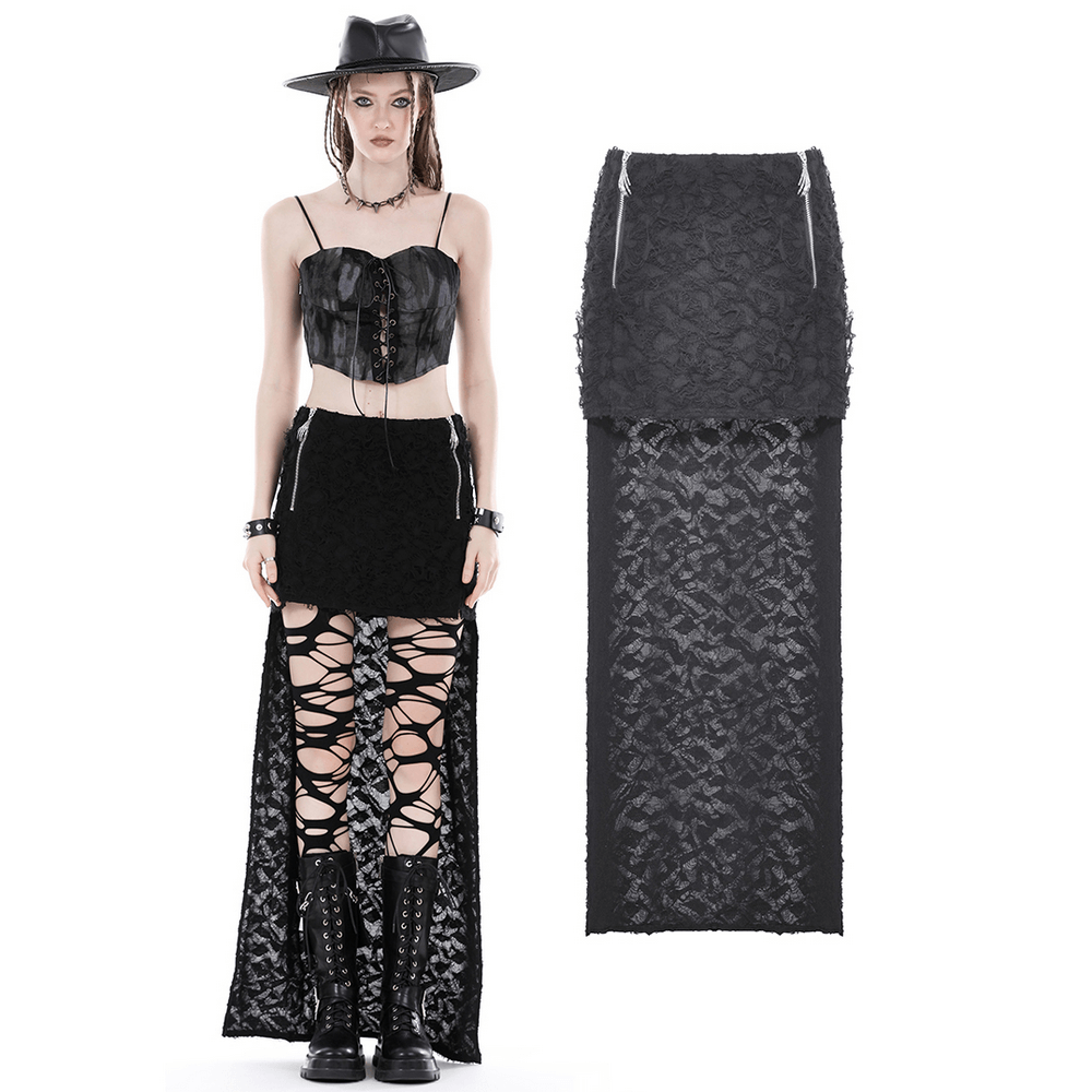 Black high-low lace skirt with side zipper and edgy lace overlay, paired with leather top and combat boots.