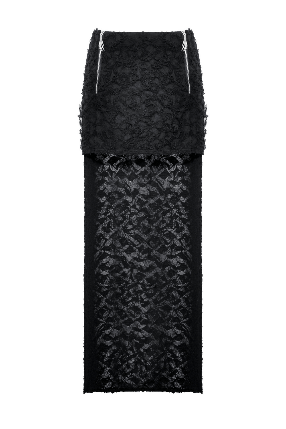 Black high-low lace skirt with side zipper, perfect for gothic punk style.