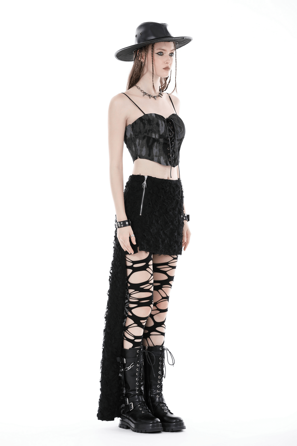 High-Low Lace Skirt with Side Zipper - Dark Gothic Punk