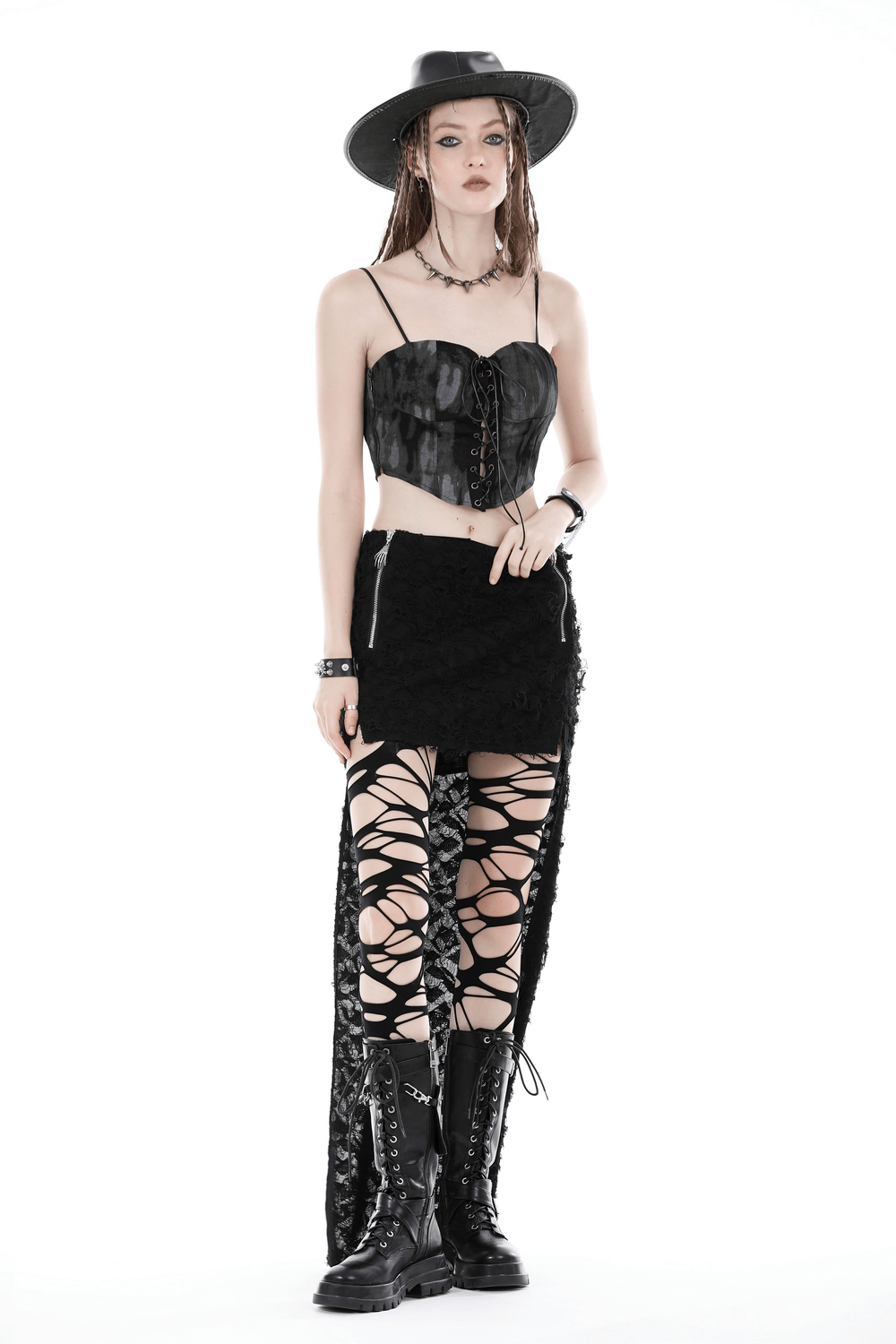 Black high-low lace skirt with side zipper, paired with a lace-up corset and combat boots for gothic punk style.