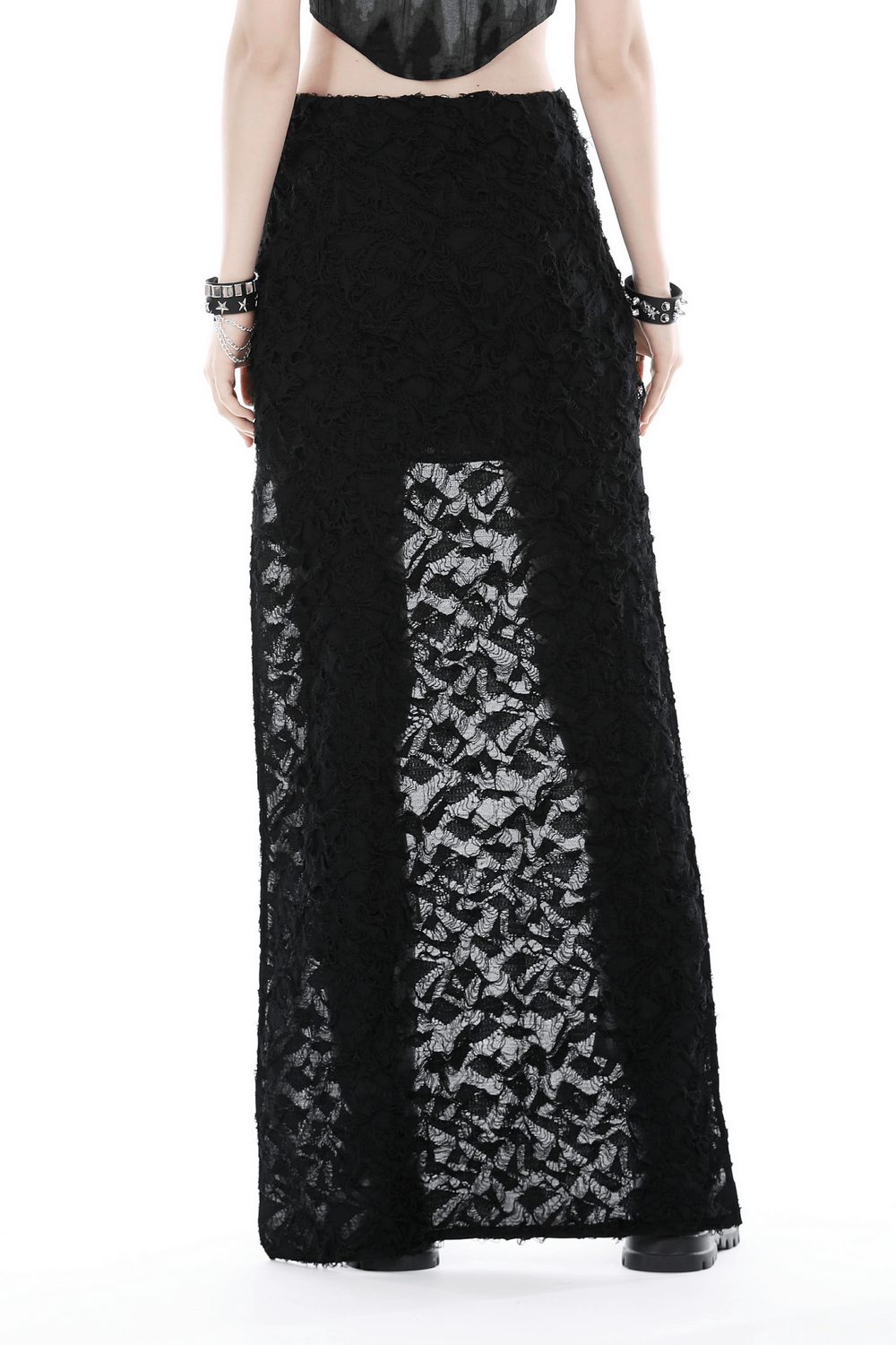 Back view of a black high-low lace skirt with intricate overlay, perfect for a gothic punk outfit.