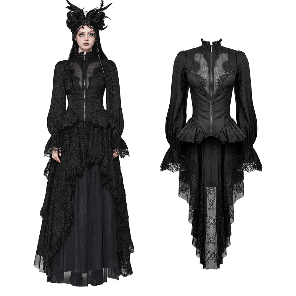 Gothic high-low lace tailcoat with sheer sleeves, corset waist, and layered lace tails for dramatic elegance.