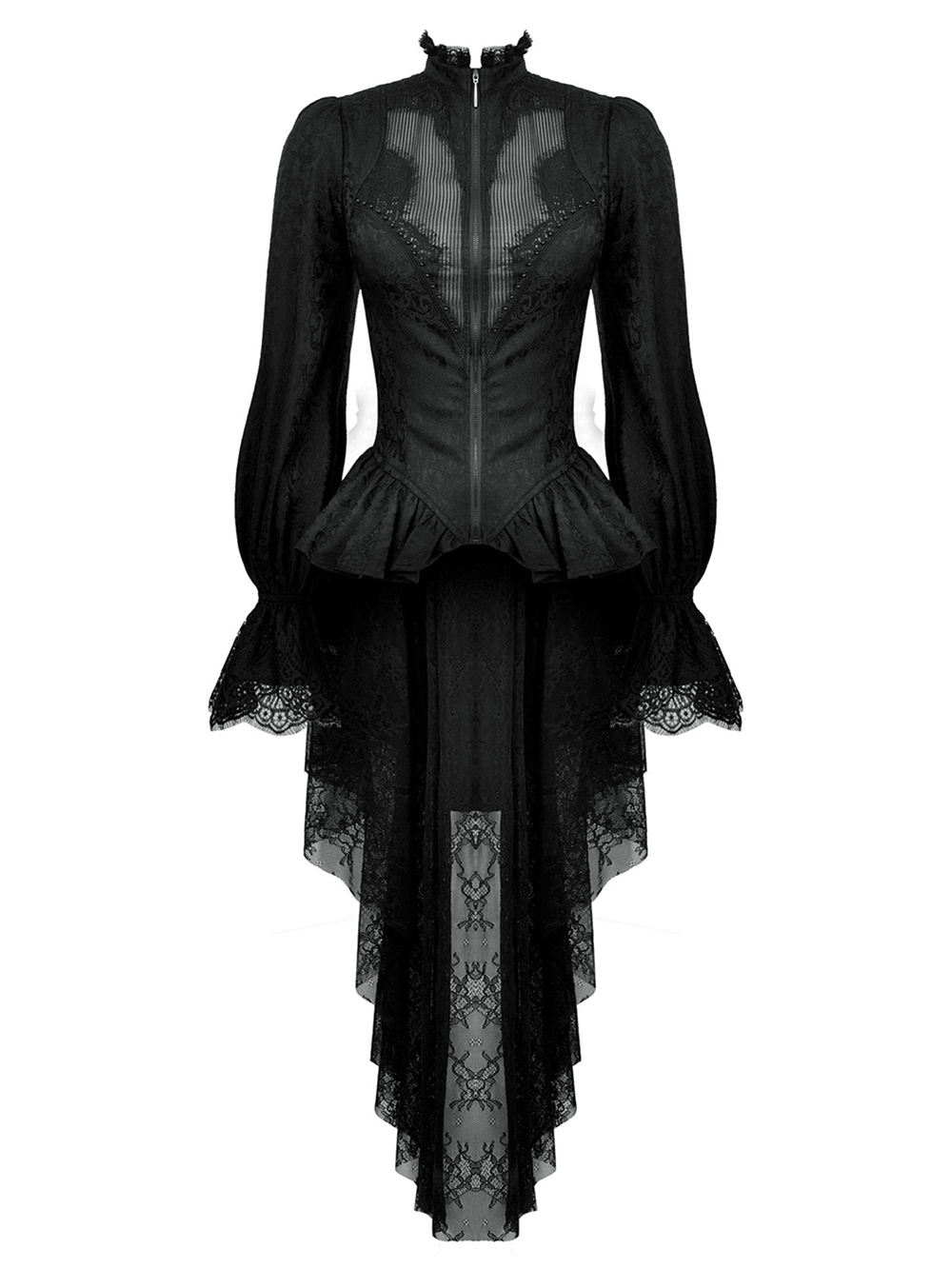 High-low black lace tailcoat with sheer sleeves and corset waist, perfect for gothic or Victorian styles.