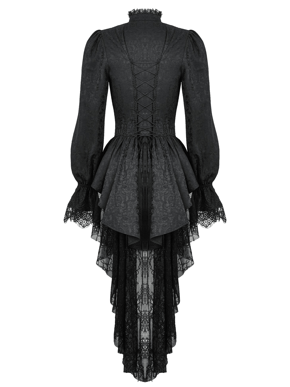 Black high-low lace tailcoat with sheer sleeves and corset waist, perfect for gothic elegance and Victorian-inspired fashion.