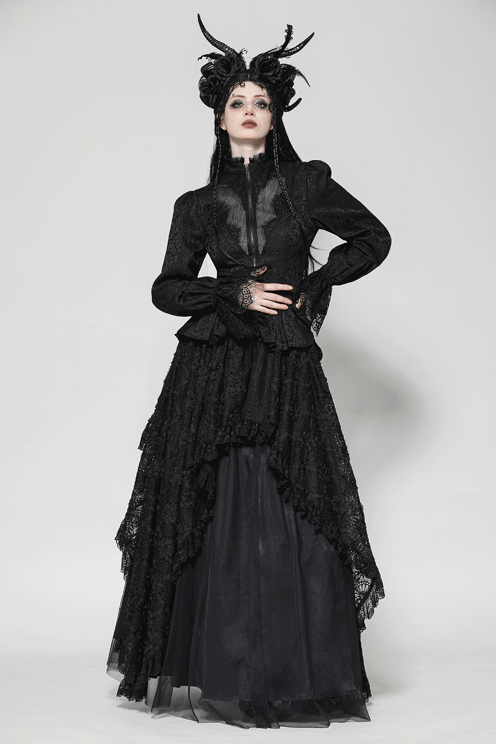 Gothic black high-low lace tailcoat with sheer sleeves and corset waist, perfect for Victorian-style outfits.