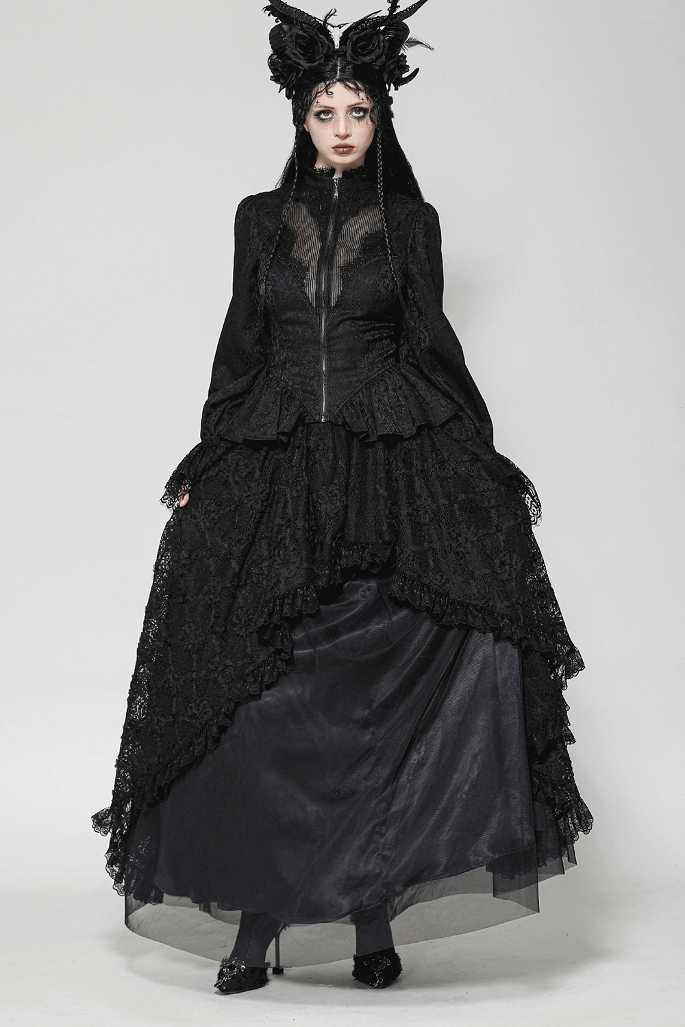 Gothic high-low lace tailcoat with sheer sleeves and corset waist, exuding dark elegance and Victorian romance.