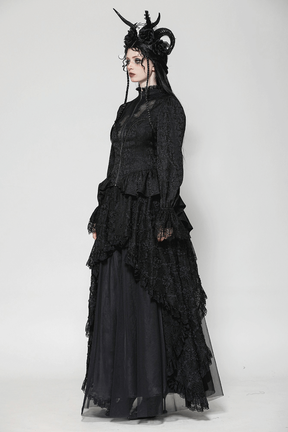 Gothic black high-low lace tailcoat with sheer sleeves and corset waist, perfect for Victorian-inspired looks.