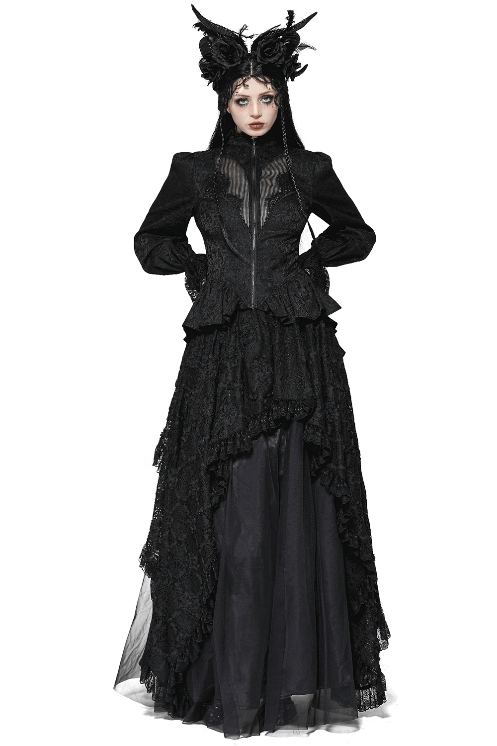 Elegant black high-low lace tailcoat with sheer sleeves, corset waist, and gothic style for dramatic fashion.