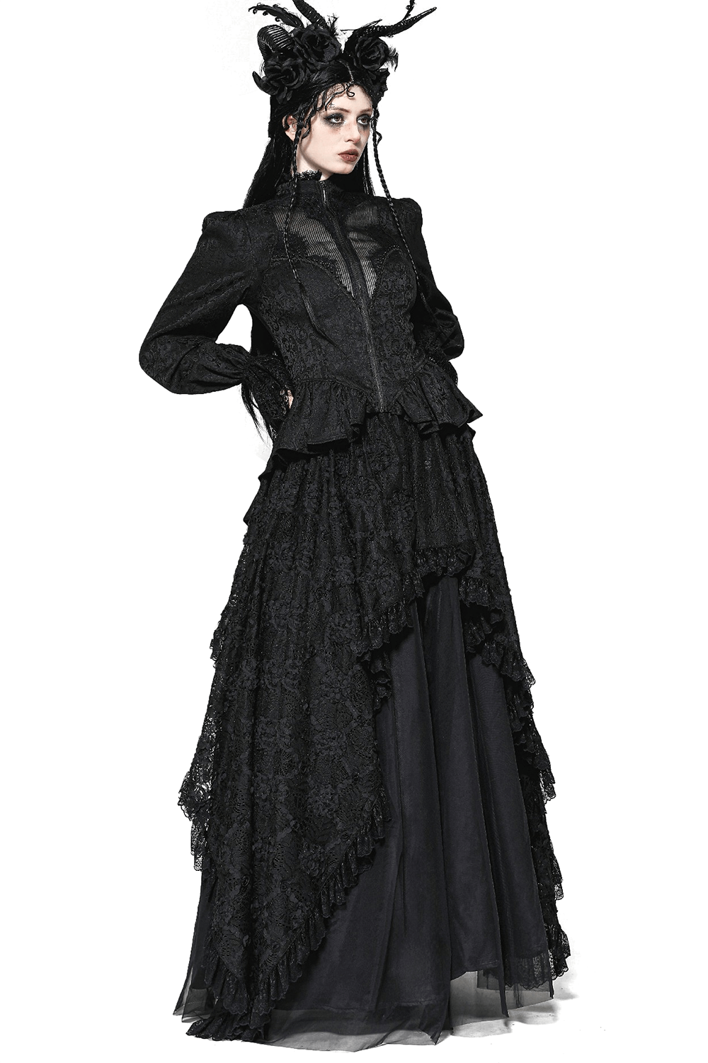 Gothic black high-low lace tailcoat with sheer sleeves and corset waist, perfect for Victorian-inspired fashion.