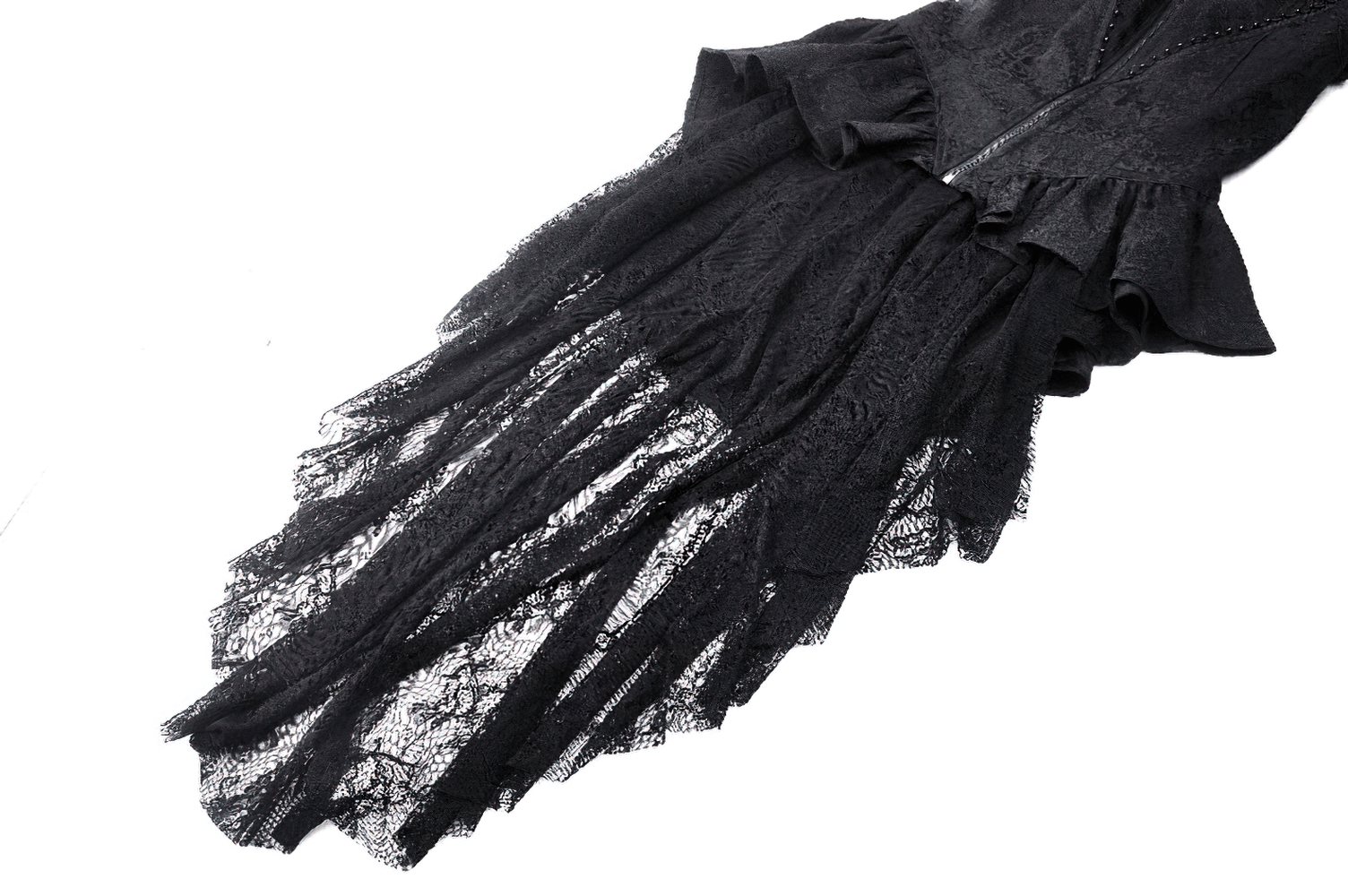 Elegant black lace tailcoat showcasing sheer layered tails and corset waist, perfect for gothic style.