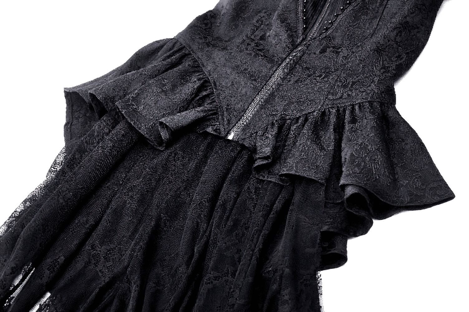 Black high-low lace tailcoat with sheer sleeves and corset waist, showcasing a gothic elegance.