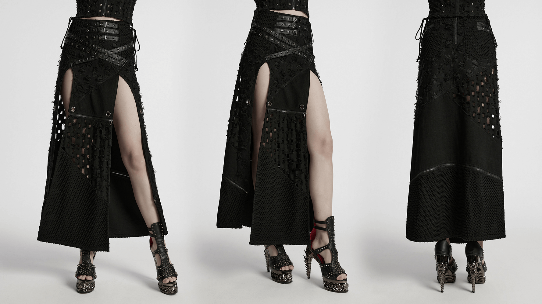 High slit punk detachable skirt with faux leather accents, showcasing edgy style and bold details.