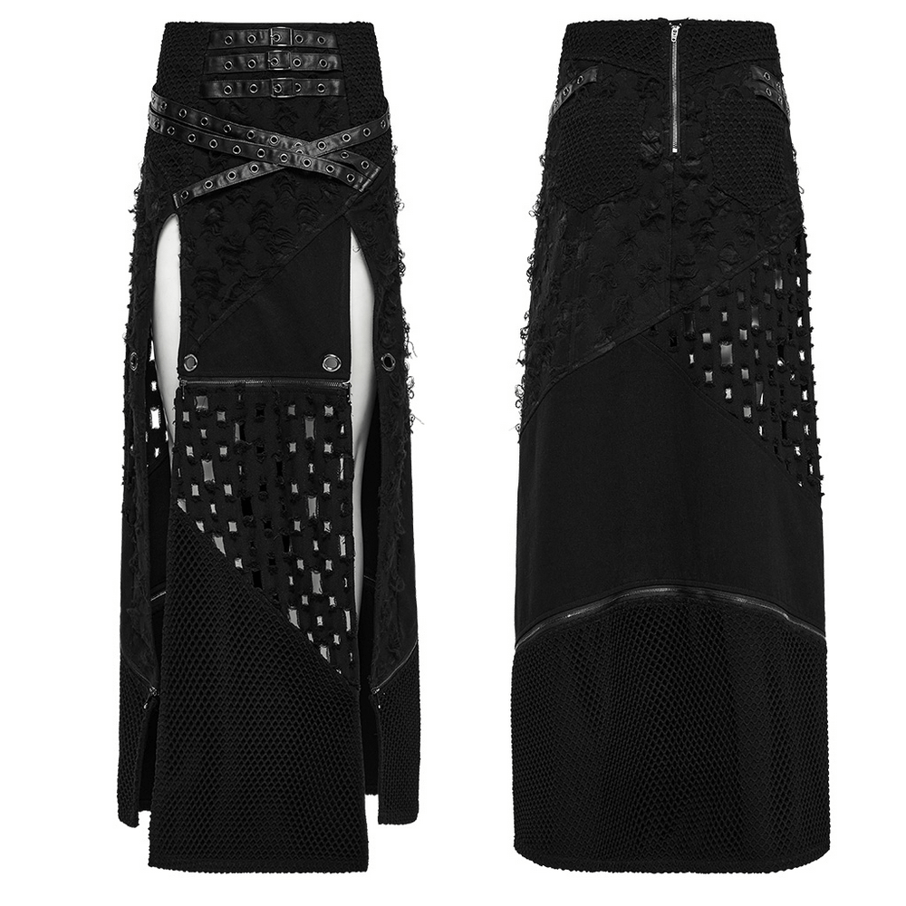 High slit punk skirt with detachable design and faux leather accents, featuring a striking black pattern and edgy details.