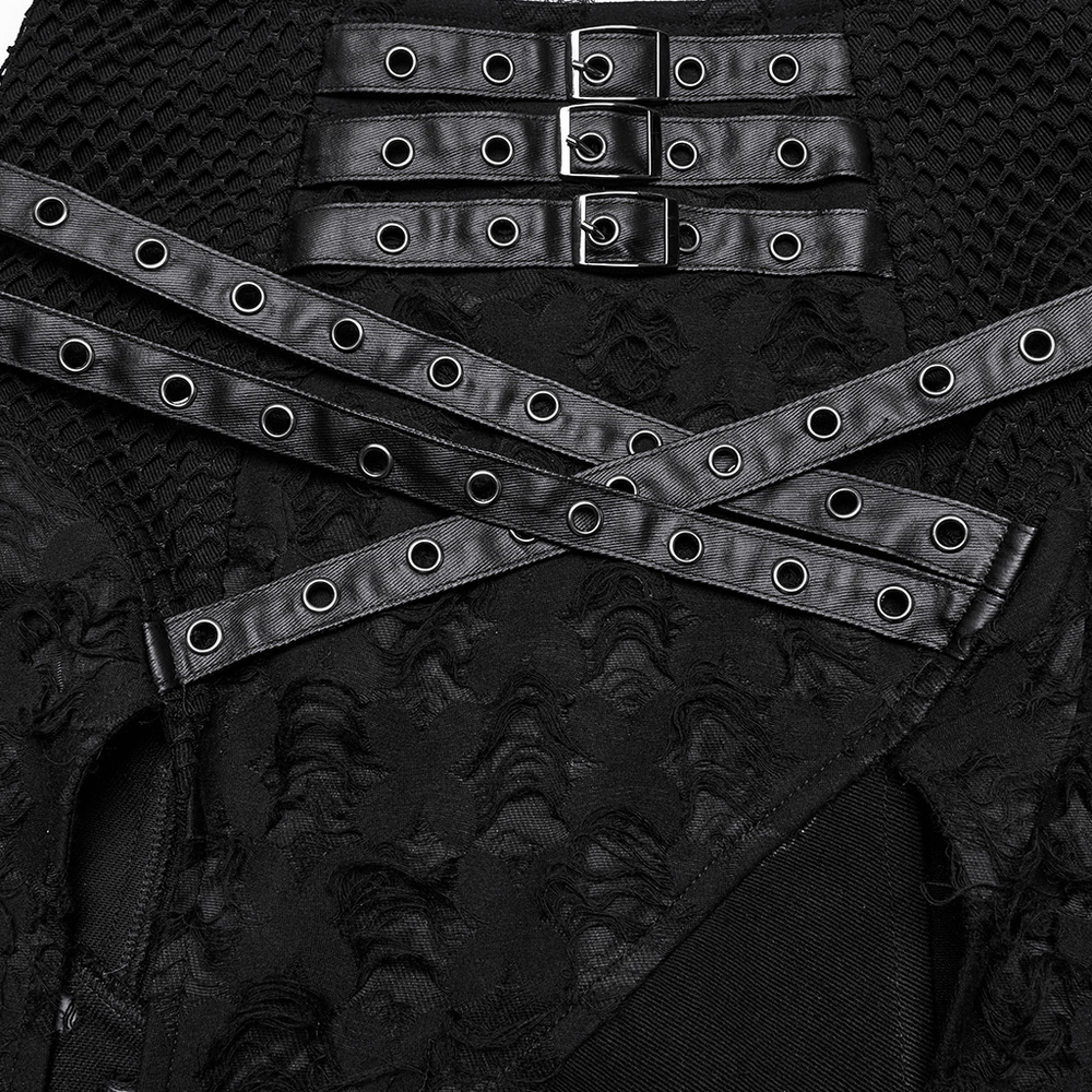 Close-up of high slit punk detachable skirt showcasing faux leather accents and stylish straps.