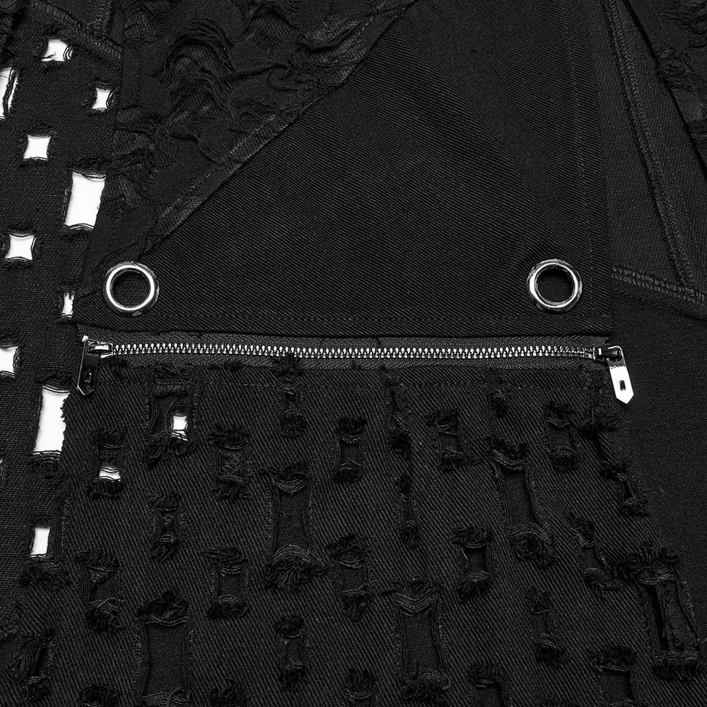 Close-up of high slit punk detachable skirt showcasing faux leather accents and unique zip pocket details.