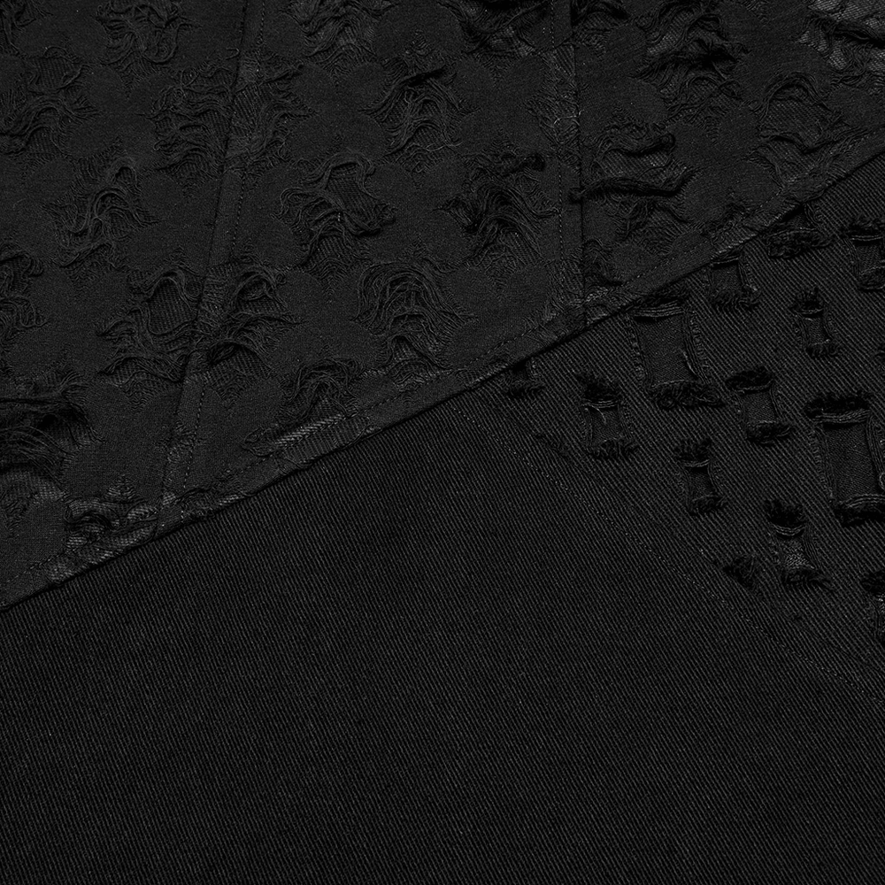 Close-up of high slit punk detachable skirt showcasing intricate faux leather and textured black fabric details.