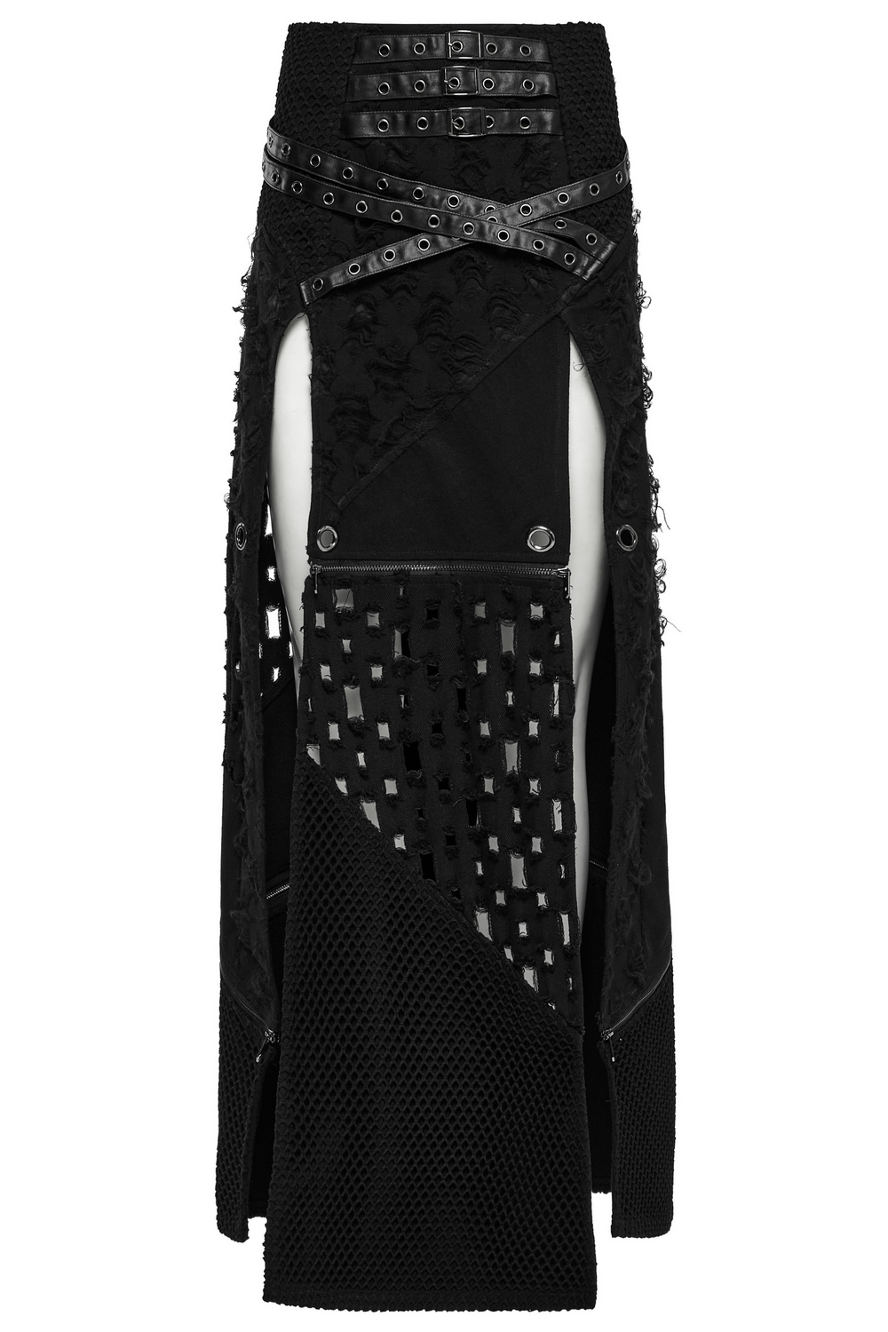 High slit punk detachable skirt featuring edgy faux leather accents and unique mesh design.