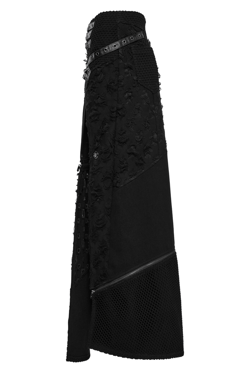 High slit punk detachable skirt featuring faux leather accents and edgy design.