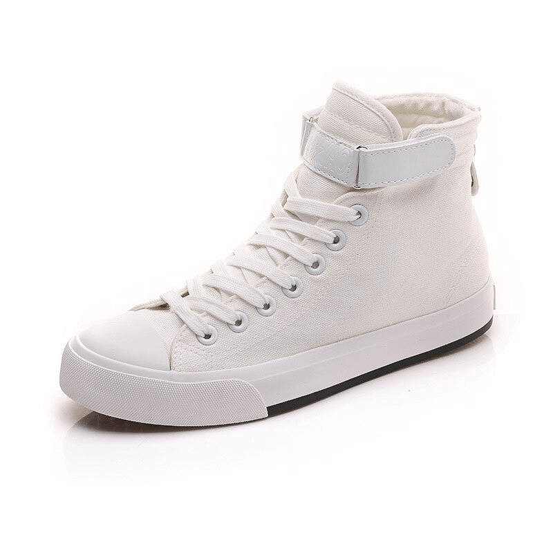 White high top sneakers for women featuring lace-up design and rubber sole, perfect for rock outfits.