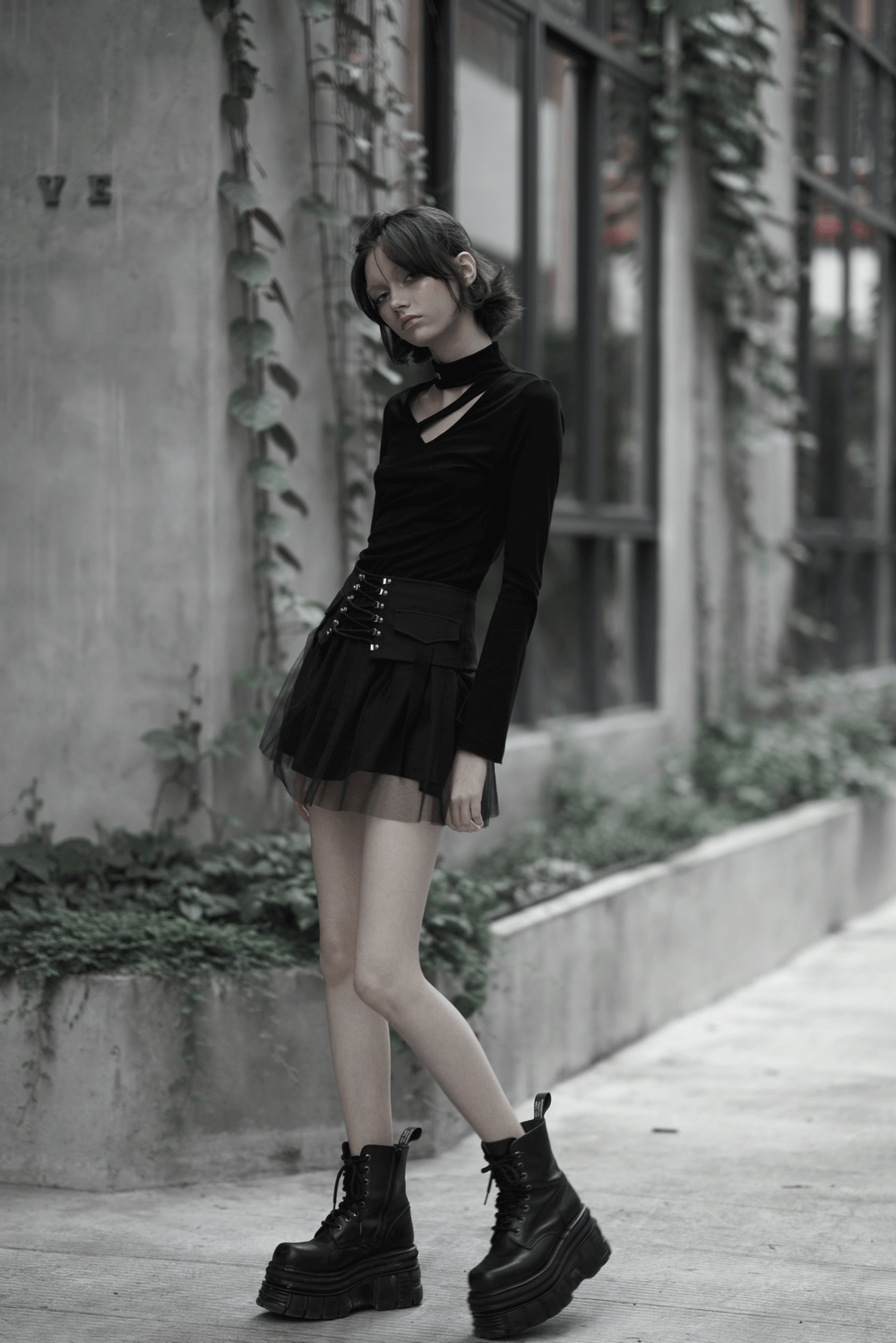 High-Waist Black Gothic Skirt with Lace-Up Detail