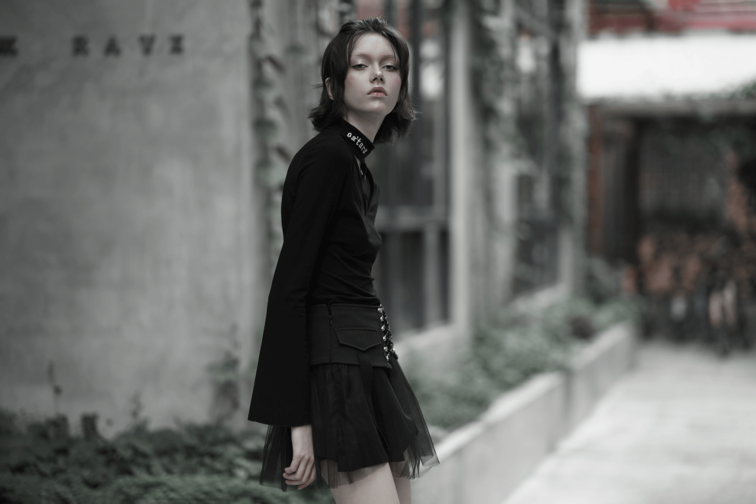 High-Waist Black Gothic Skirt with Lace-Up Detail