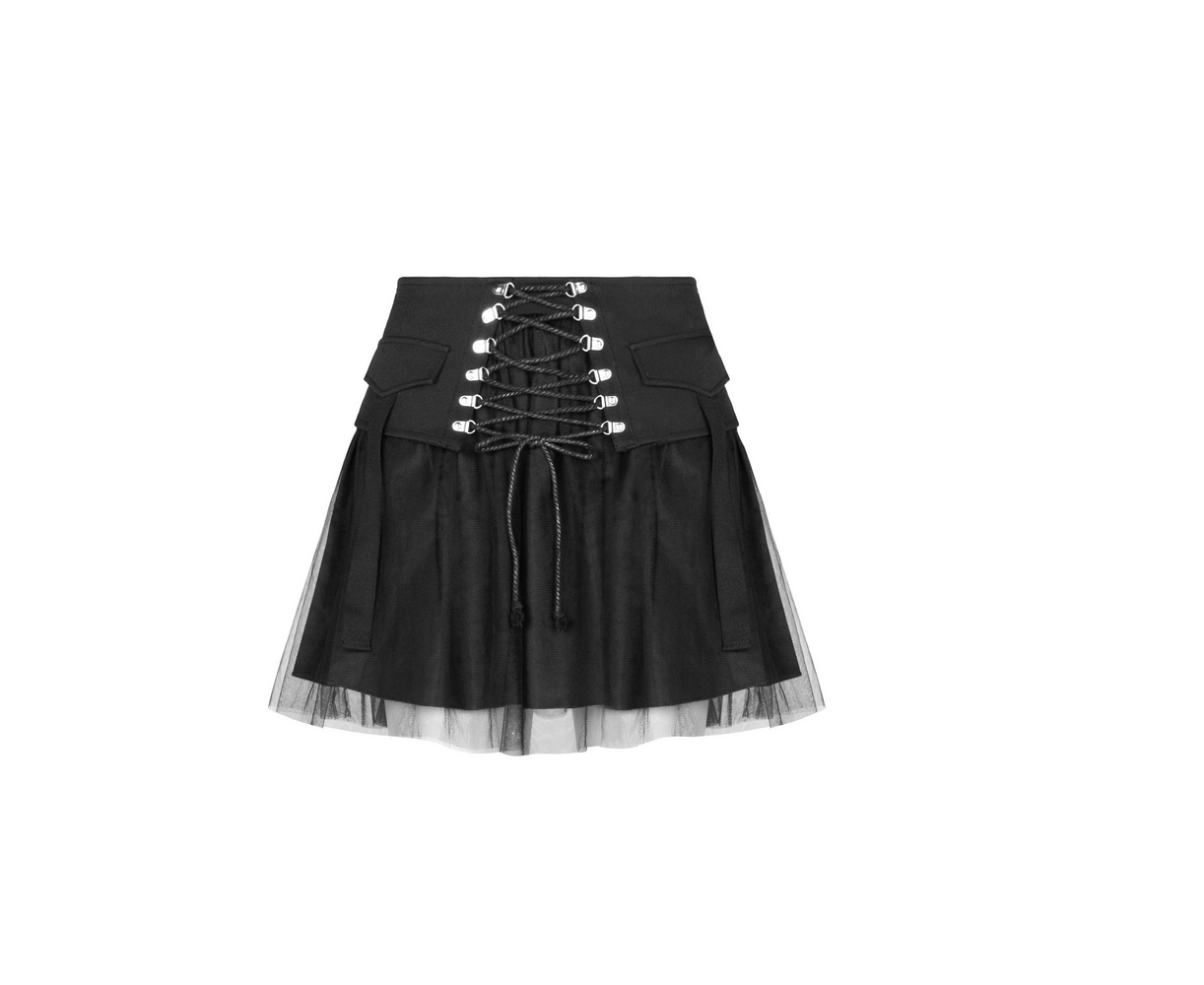 High-waist black gothic skirt featuring lace-up detail and mesh hem, perfect for punk street style enthusiasts.