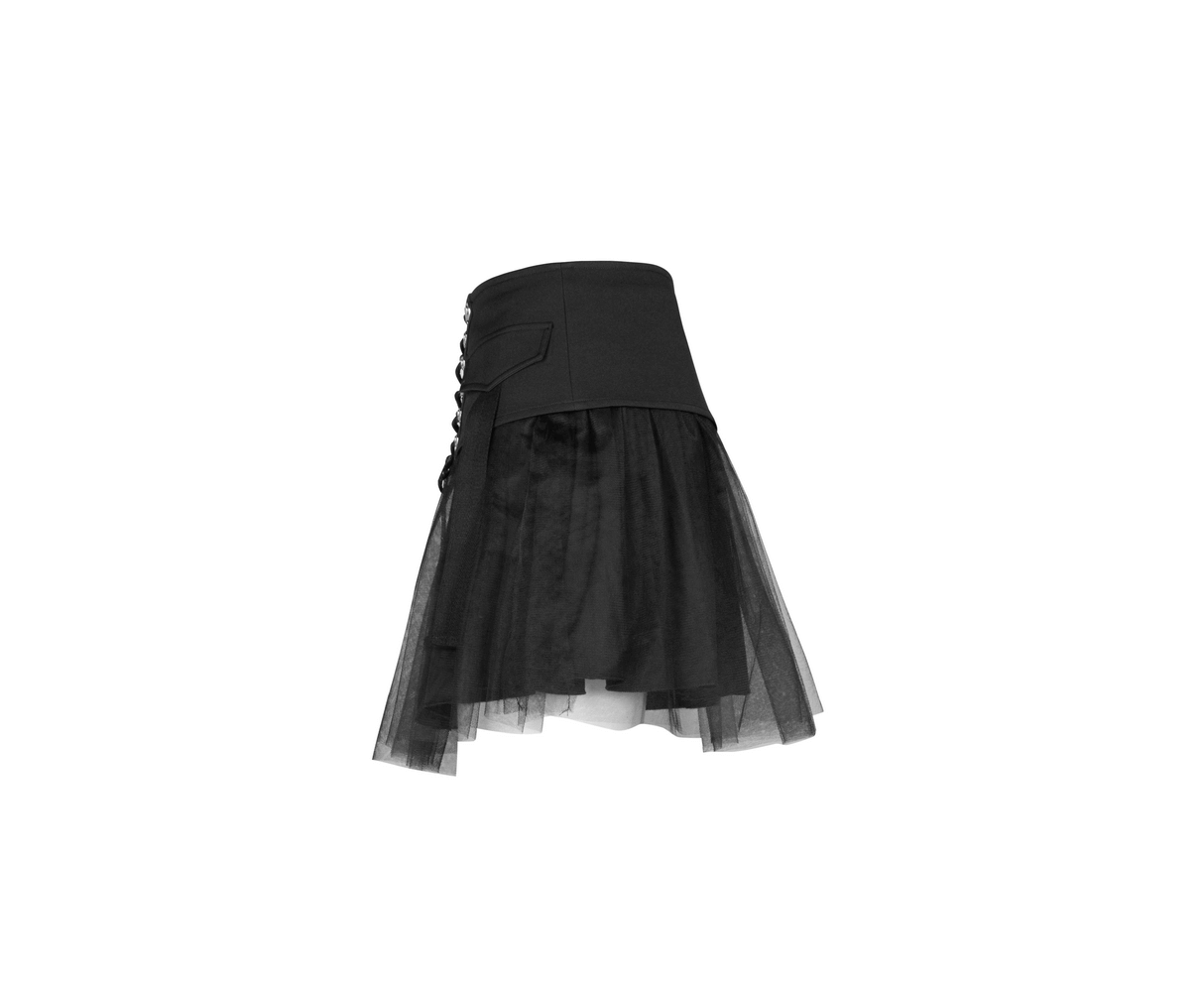 High-waist black gothic skirt with lace-up detail and mesh hem, perfect for punk street style.
