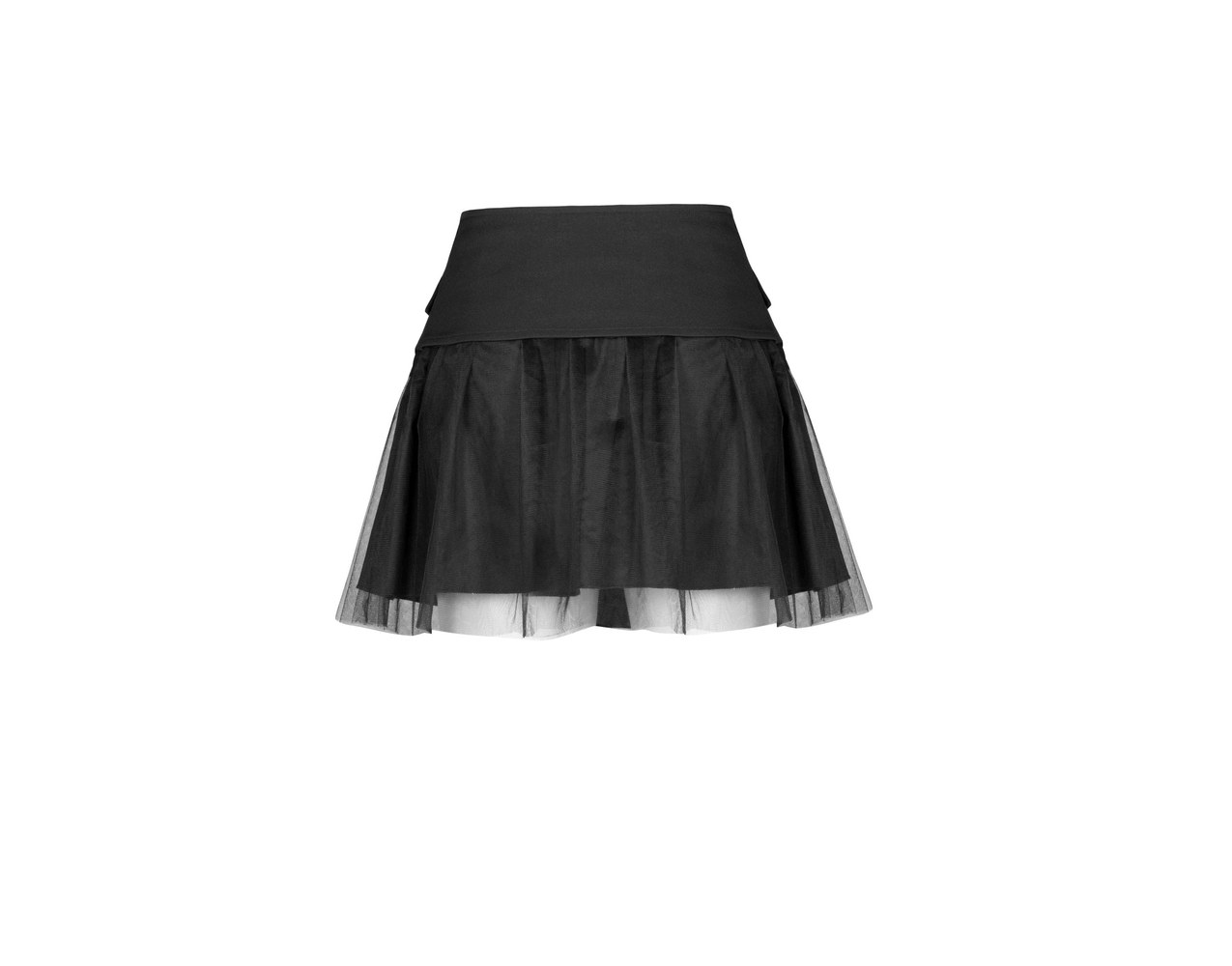 High-waist black gothic skirt with lace-up detail and mesh hem for a punk street style look.