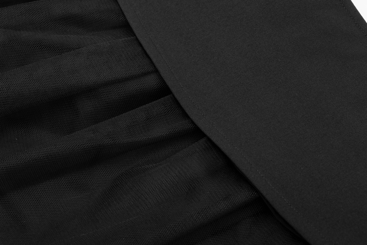 Close-up of the High-Waist Black Gothic Skirt showcasing lace-up detail and contrasting mesh hem.