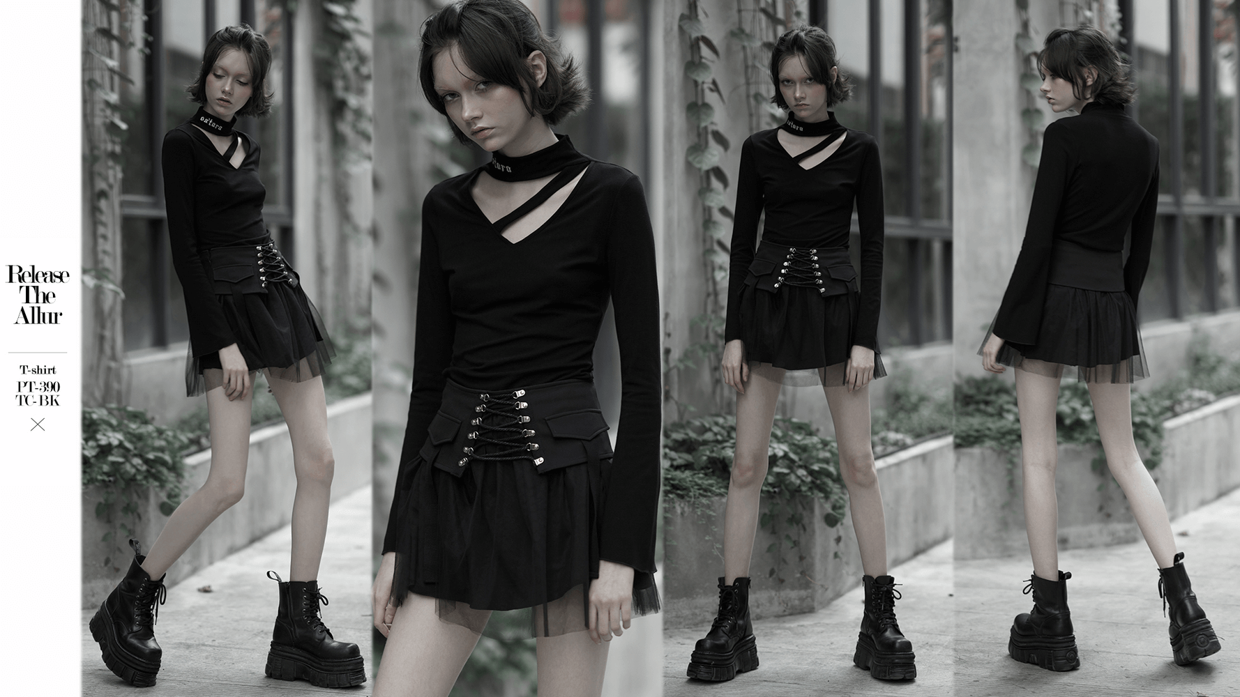 Model showcasing a high-waist black gothic skirt with lace-up detail and edgy street style outfit.