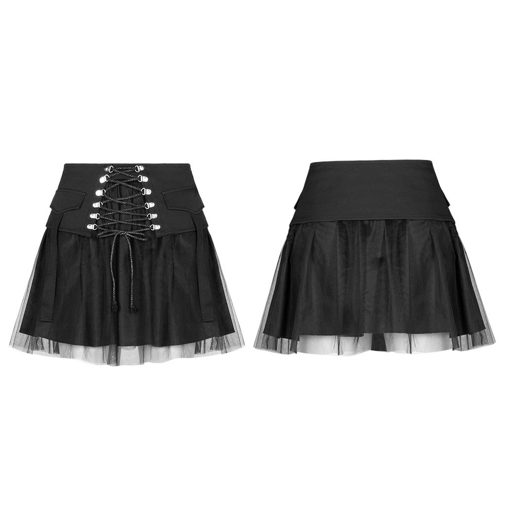 High-waist black gothic skirt featuring lace-up detail and mesh hem for a bold street style punk look.