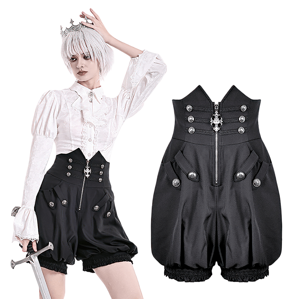 High Waist Bubble Bloomer Shorts with Decorative Buttons in black, puff-leg style with lace trim and front zipper
