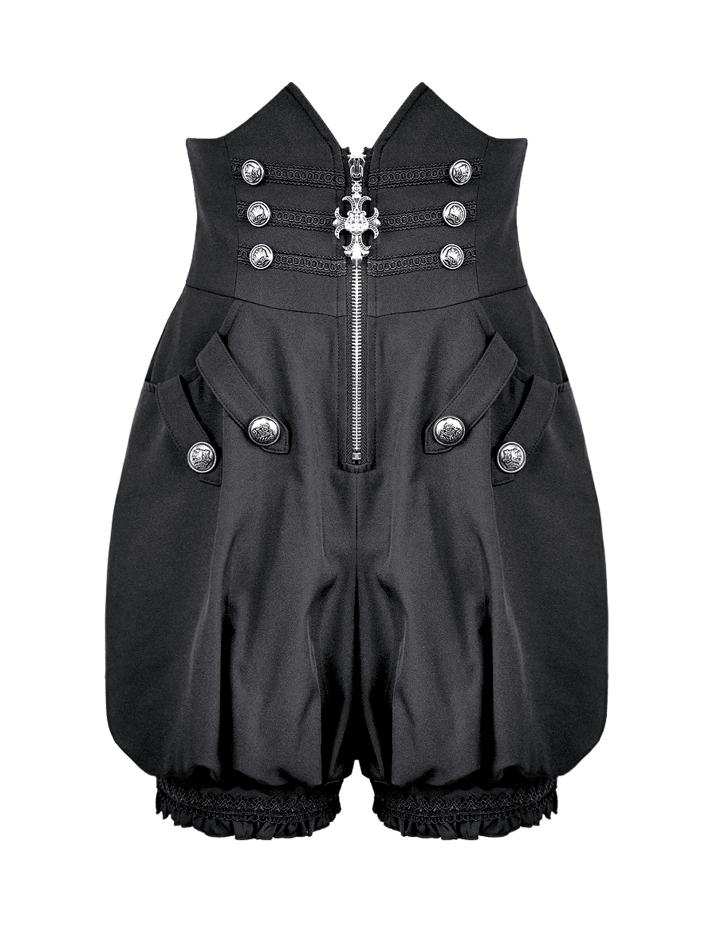 High Waist Bubble Bloomer Shorts with Decorative Buttons, black puff-leg shorts with zipper, lace trim, and ornate charm