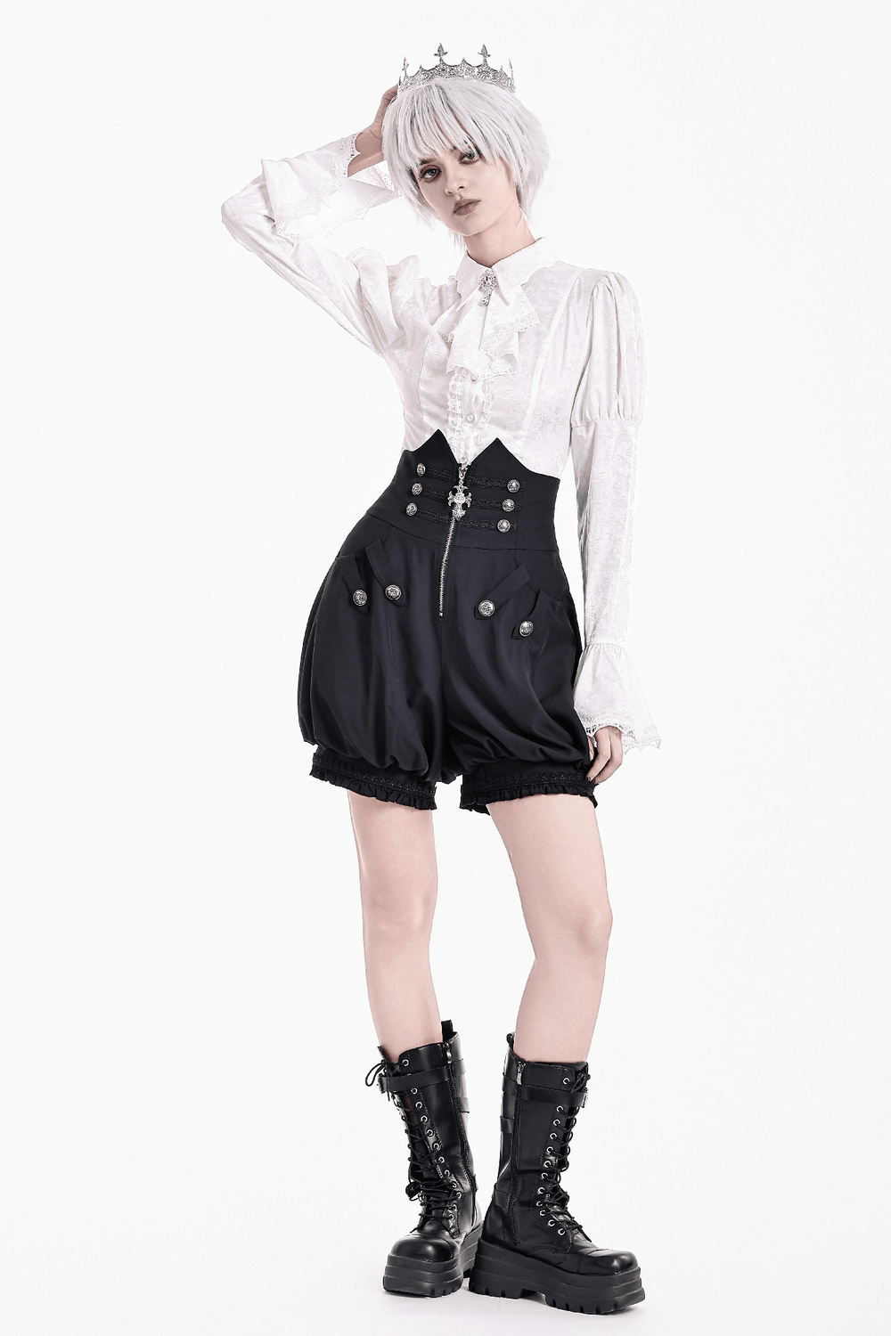 High Waist Bubble Bloomer Shorts with Decorative Buttons, puff-leg black shorts with lace trim and zipper