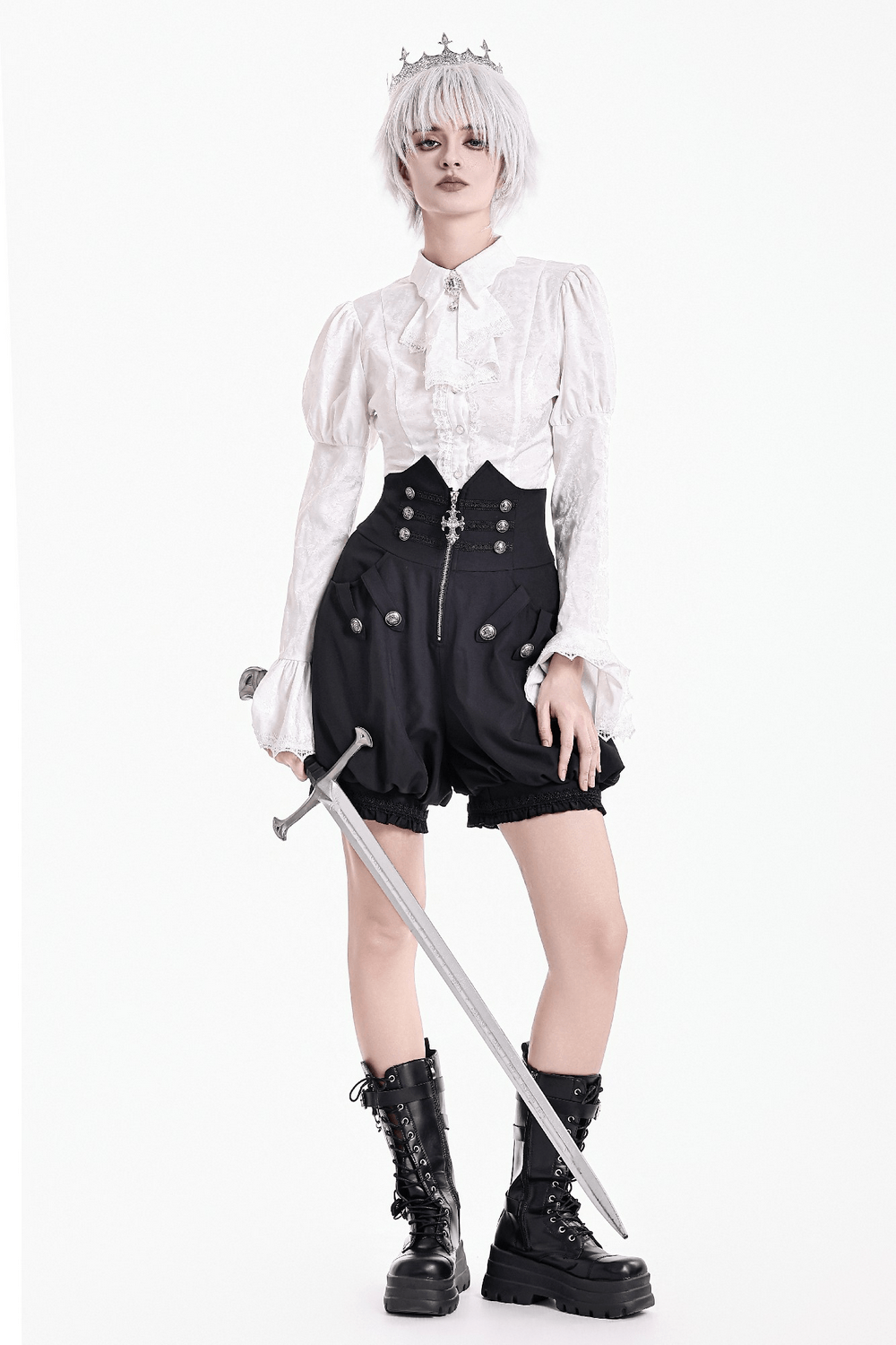 High Waist Bubble Bloomer Shorts with Decorative Buttons, black puff-leg shorts with zipper, lace trim and metal details