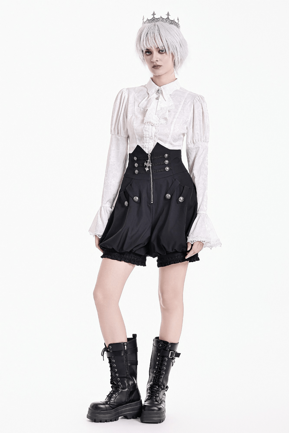 High Waist Bubble Bloomer Shorts with Decorative Buttons black puff-leg shorts with lace trim and zipper