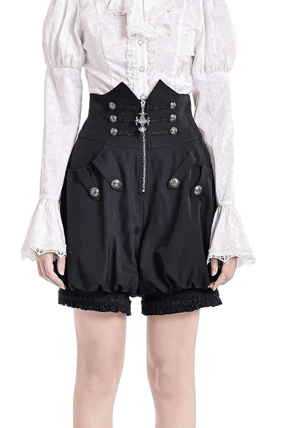 High Waist Bubble Bloomer Shorts with Decorative Buttons, puff-leg black shorts with lace trim, zipper charm, and decorative metal buttons