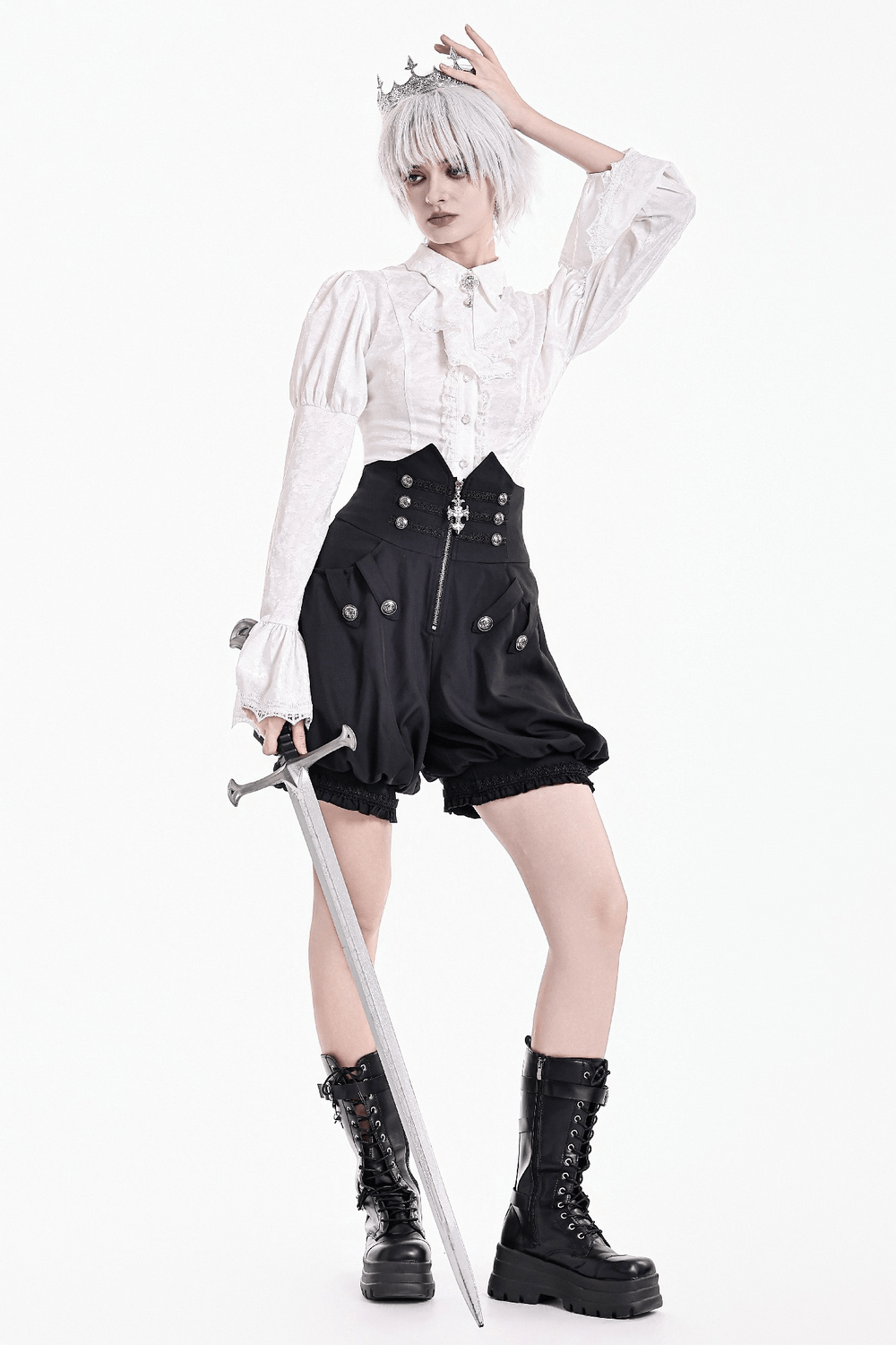 High Waist Bubble Bloomer Shorts with Decorative Buttons, gothic black puff-leg shorts with lace trim and zipper