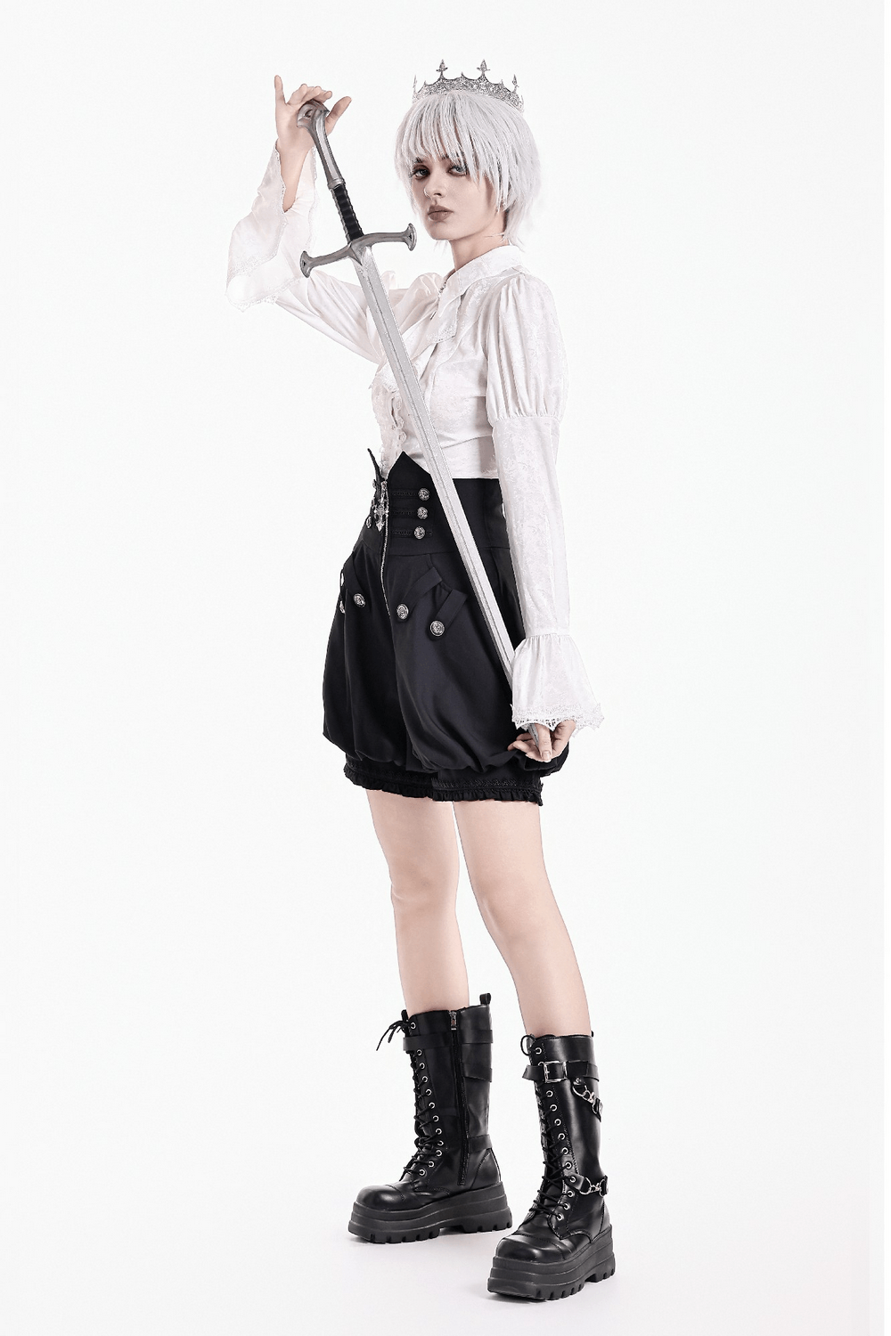 High Waist Bubble Bloomer Shorts with Decorative Buttons black puff-leg shorts with lace trim, zipper charm, and gothic styling